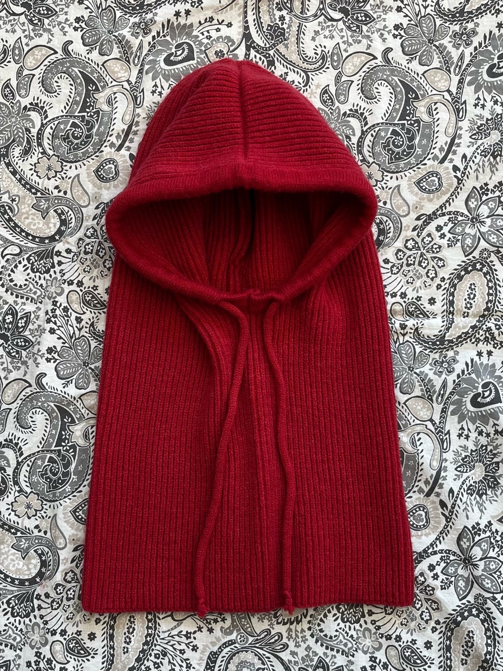 Red knit balaclava with tie detail